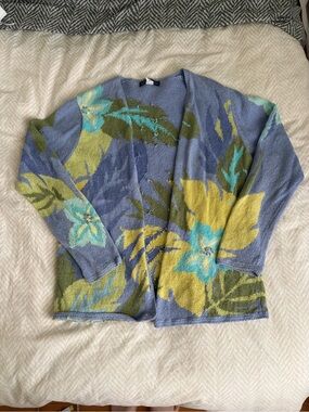 Unique Cotton Ramie Floral Open-Front Women’s Cardigan Sweater - Blue & Green